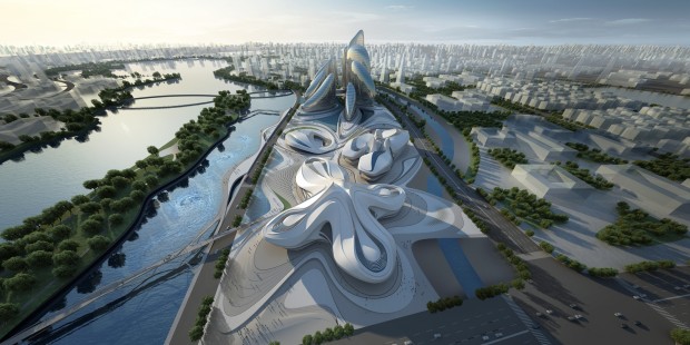 51391c66b3fc4b176f0000c2_changsha-meixihu-international-culture-and-art-centre-zaha-hadid-architects_03_aerial_view