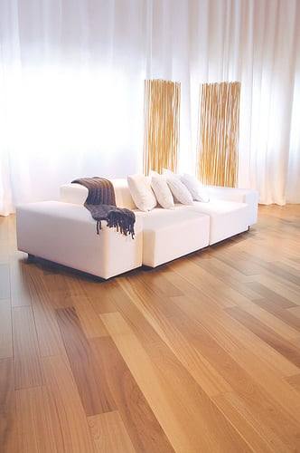 Living room with a natural Sapele hardwood floor.
