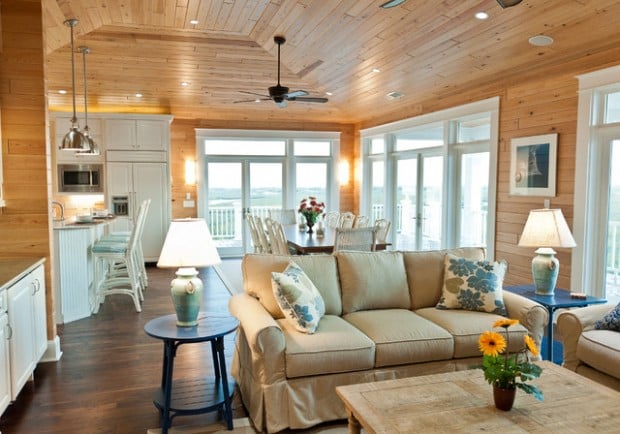 cottage interior beach inspired sea lake trim cabin wood interiors coastal pine cozy knotty walls living decor rooms paneling ceiling