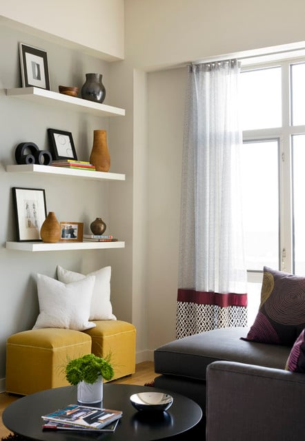 how to decorate your living room with floating shelves - 18 design
