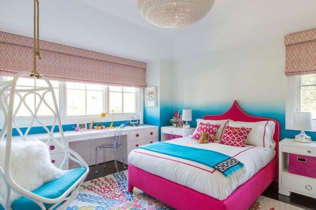 confetti-floral-rug-pink-moroccan-headboard-turquoise-ombre-walls