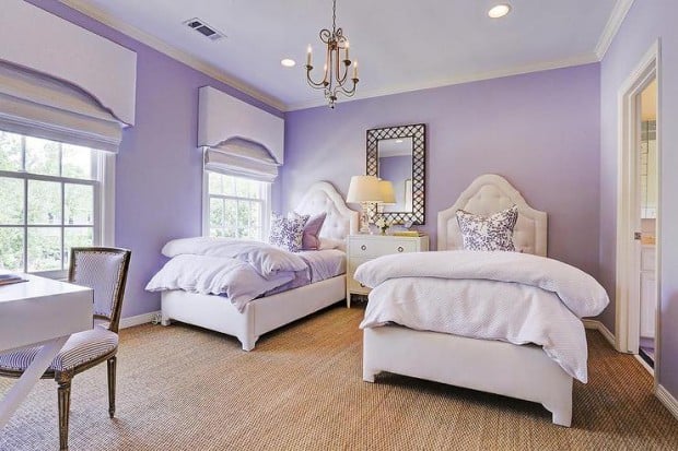 purple-girls-bedroom-curved-cornice-box-twin-tufted-beds-lattice-mirror