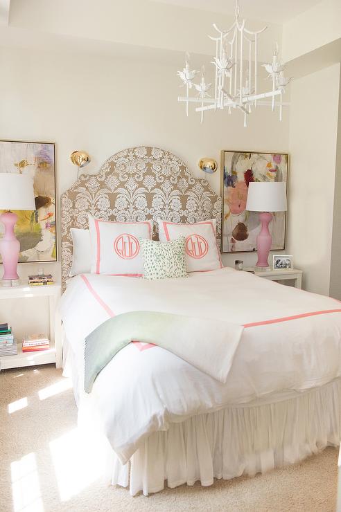 white-pagoda-chandelier-pink-monogrammed-kids-bedding-pink-lamps