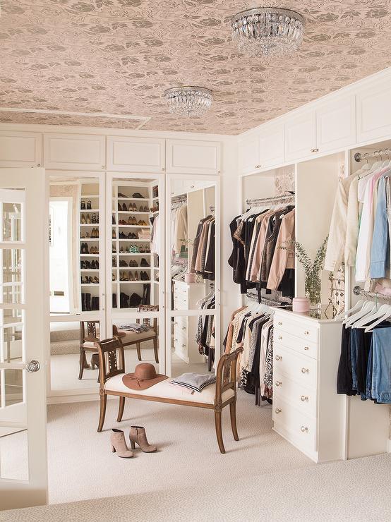 pink-wallpapered-closet-ceiling-mirrored-wardrobes-built-in-lingerie-dresser