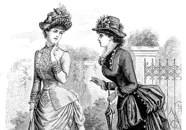 Vintage Victorian Women's Fashion Dress Illustration - Retro 1800s Black and White Dresses and Gowns Image.