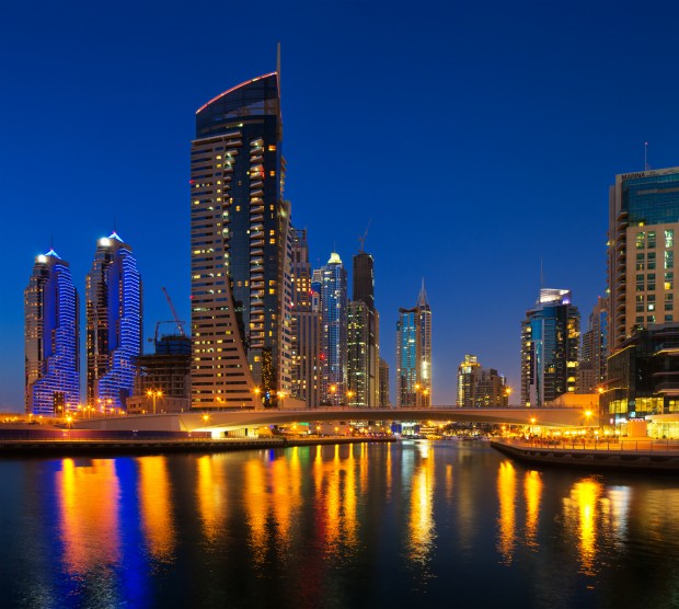 A view of Dubai Marina, Dubai, UAE at Dusk