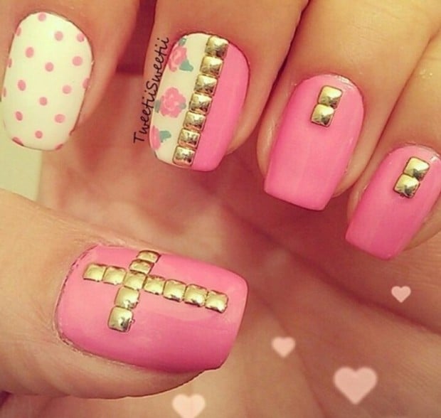 Nail art with rhinestones, gems, pearls and studs  (11)