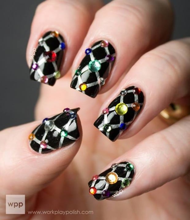 Nail art with rhinestones, gems, pearls and studs  (1)