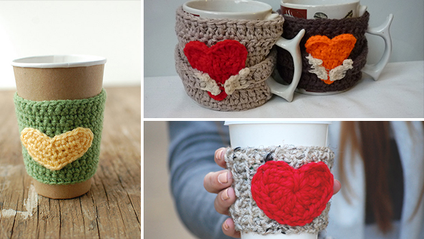 19 Simple yet Creative Handmade Cup Cozies - warm, valentine's, valentine, tea, red, Pink, heart, handmade, diy, cup, crochet, cozy, Coffee
