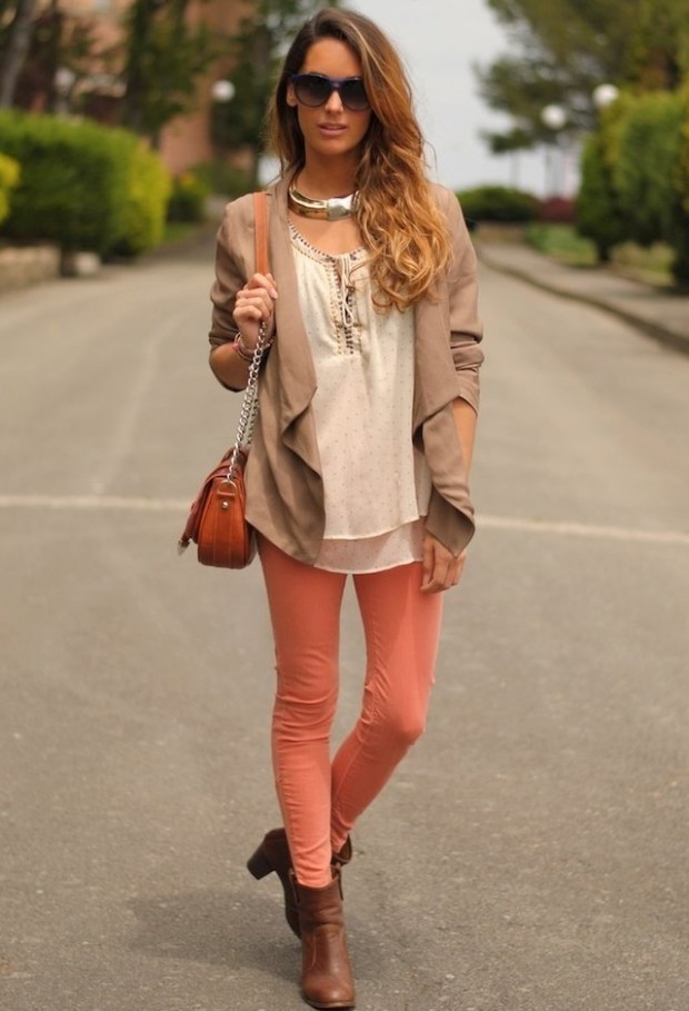 coral jeans outfit