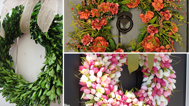 18 Fresh-Looking Handmade Spring Wreath Ideas - wreath, wood, tulip, spring, rose, nature, Natural, monogram, hang, handmade, grapevine, Flower, door, decor, chevron, burlap, bunny, boxwood, bow