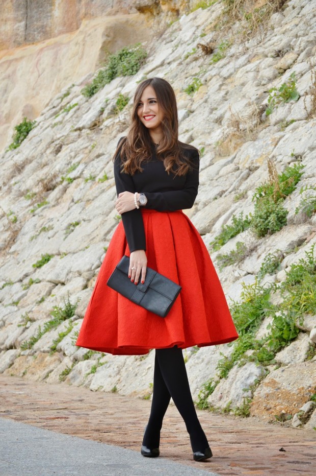 red skirt winter outfit