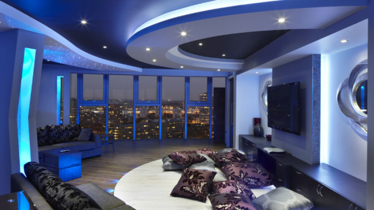 Modern Living Room Interior with Sofa and Television with Neon Lights, Futuristic  Decor, Generative AI Stock Illustration | Adobe Stock