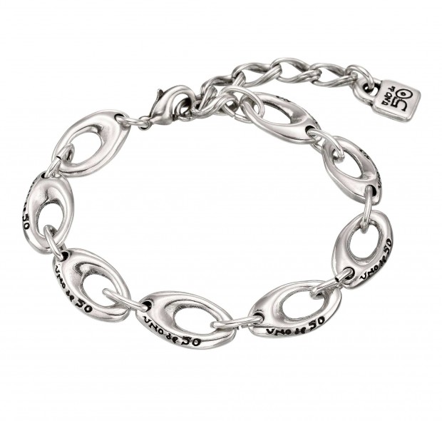 Silver-plated bracelet with irregular sized ovals and an adjustable clasp with a padlock