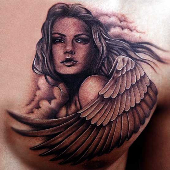 Angelic angel tattoo designs are very charming in place on the chest of a man. This might be called the appeal of angel tattoos as a decoy girl, because it looks very pretty.