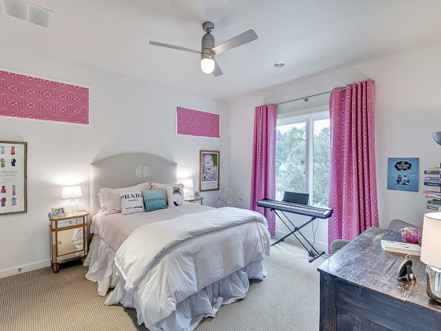 gray-monogram-headboard-girls-room-pink-curtains-small-mirror-nightstand