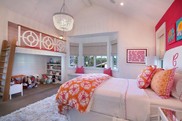 pink-and-orange-girls-room-curved-window-seat-play-loft-geometric-railing