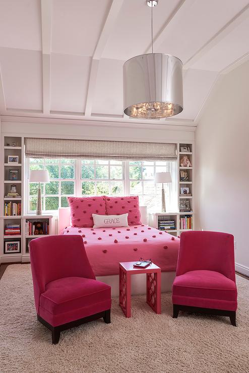 pink-pom-pom-bedding-hot-pink-velvet-slipper-chairs-built-in-bookcase