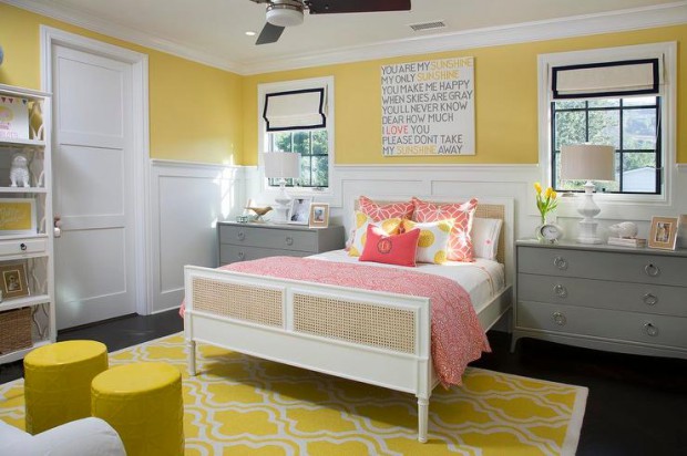 yellow-and-gray-girl-bedroom-moroccan-tile-rug-gray-nightstand
