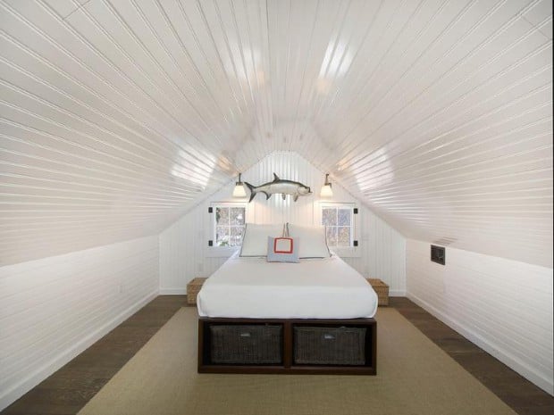 attic-bedroom-beadboard-ceiling-walls-storage-bed-taupe-jute-rug
