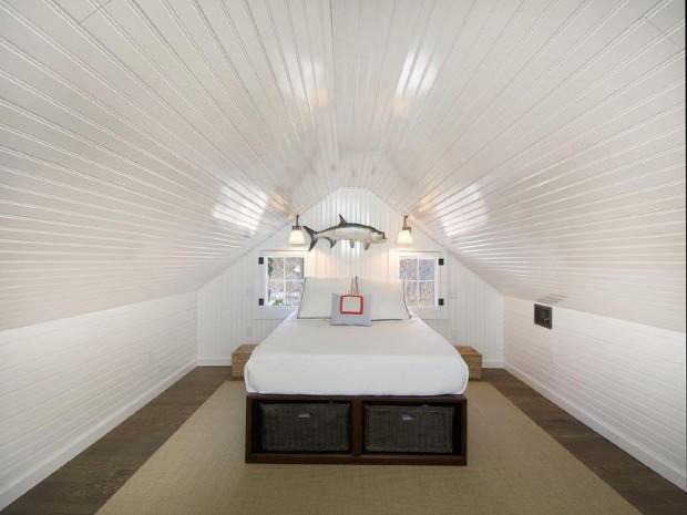 www.sothebysrealty.com attic-bedroom-beadboard-ceiling-walls-storage-bed-taupe-jute-rug
