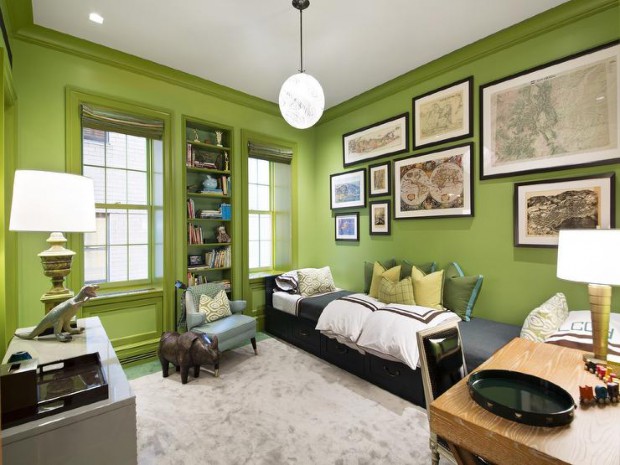 boys-bedroom-map-wall-green-walls-green-bookcase-wood-rhino-black-daybed