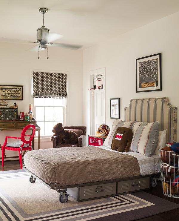 industrial-kids-platform-bed-red-locker-nightstands-vintage-ceiling-fan