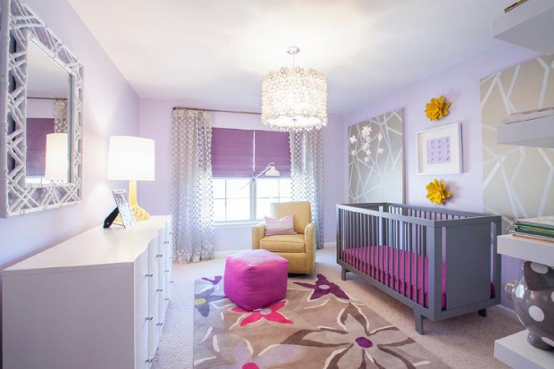 purple-and-grey-nursery-gray-oeuf-crib-yellow-glider-white-polka-dot-drapes