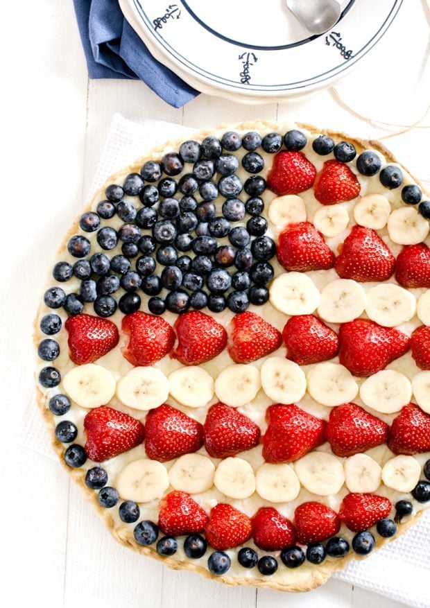 Baked sweet fruit pie with American flag design,selective focus and 4th of July concept