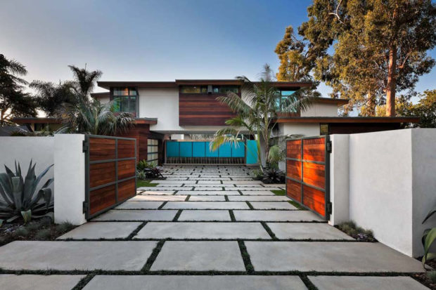 contemporary-paved-driveway-wooden-gates