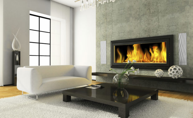 View on the modern interior with fireplace 3D rendering