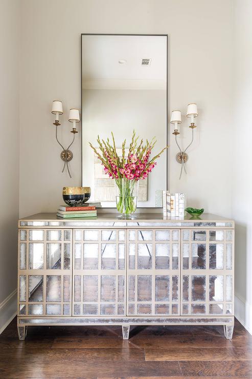 benjamin-moore-revere-pewter-gray-mirrored-cabinet-foyer