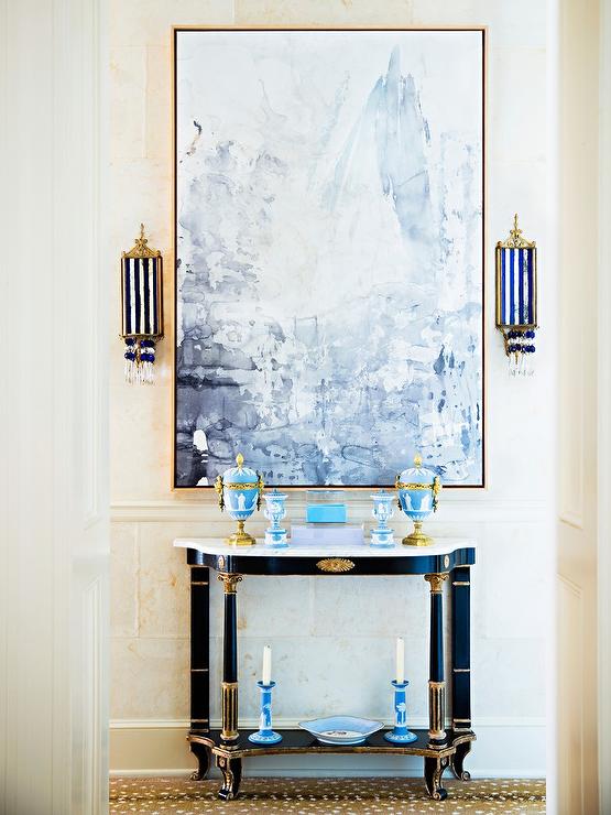 french-foyer-gold-black-console-table-blue-abstract-art