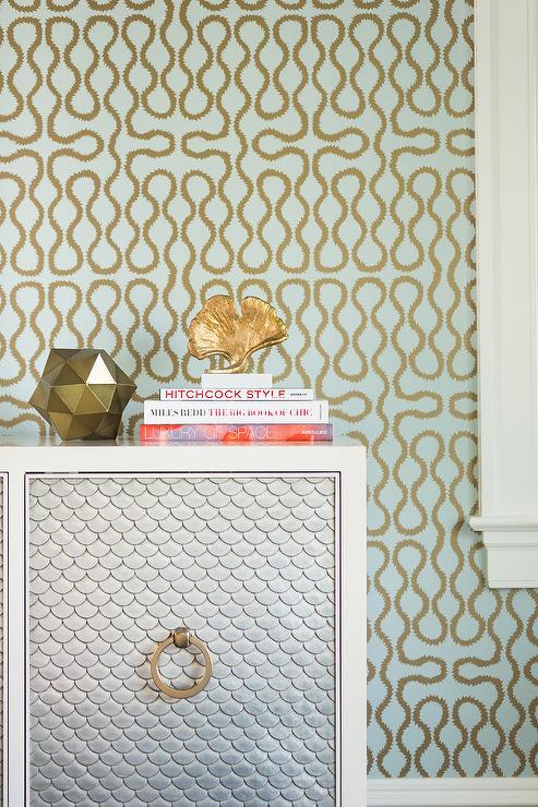 gold-blue-squiggles-wallpaper-silver-scalloped-foyer-cabinet