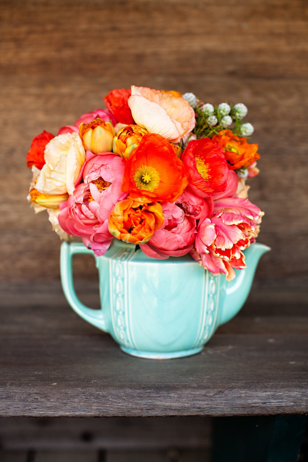 Cool Mint Teapot Bursting with Fiery Blossoms