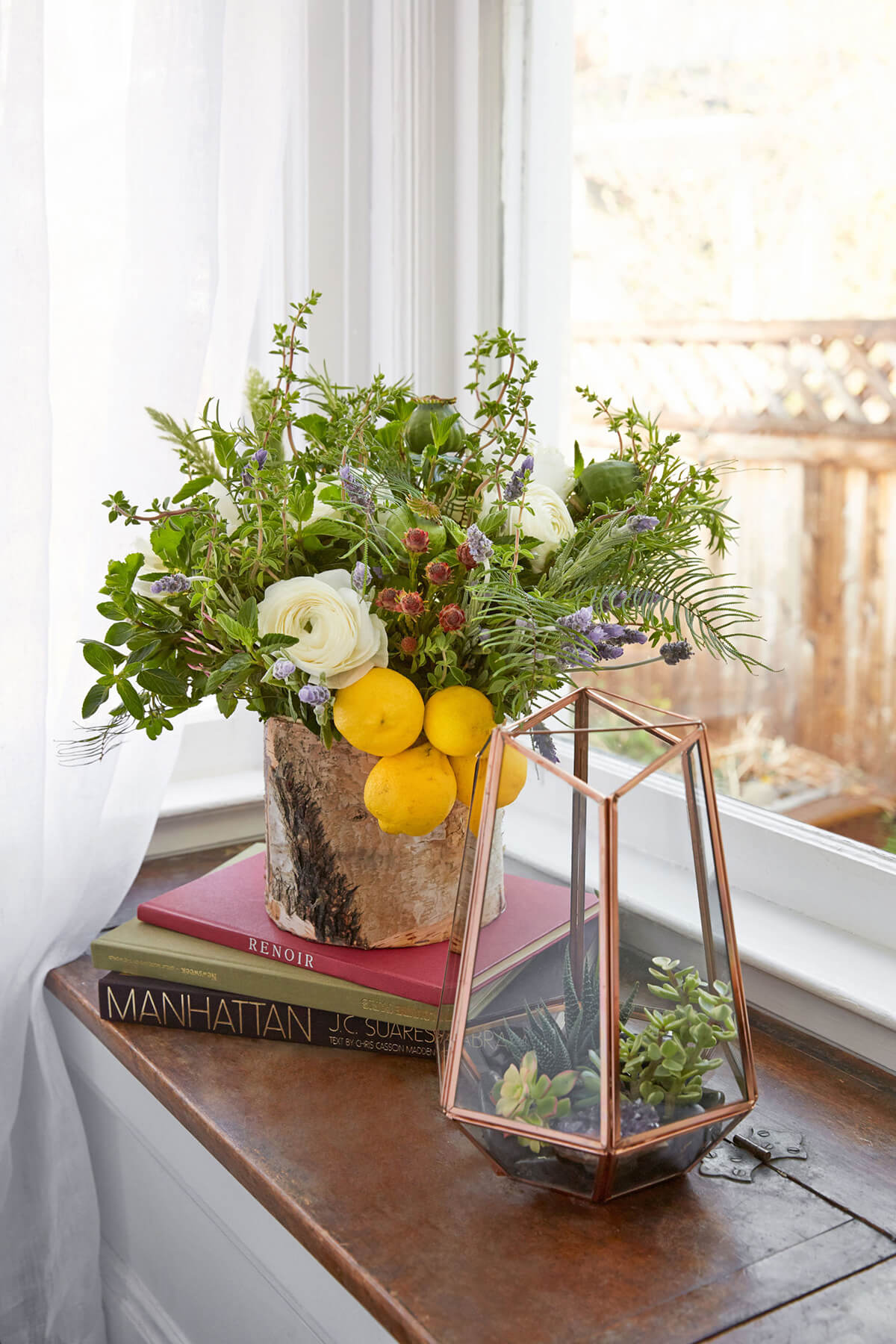 Succulents, Citrus and Leaves in Copper Containers