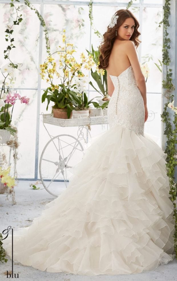 Appliqued Lace Mermaid Gown by Blu by Mori Lee