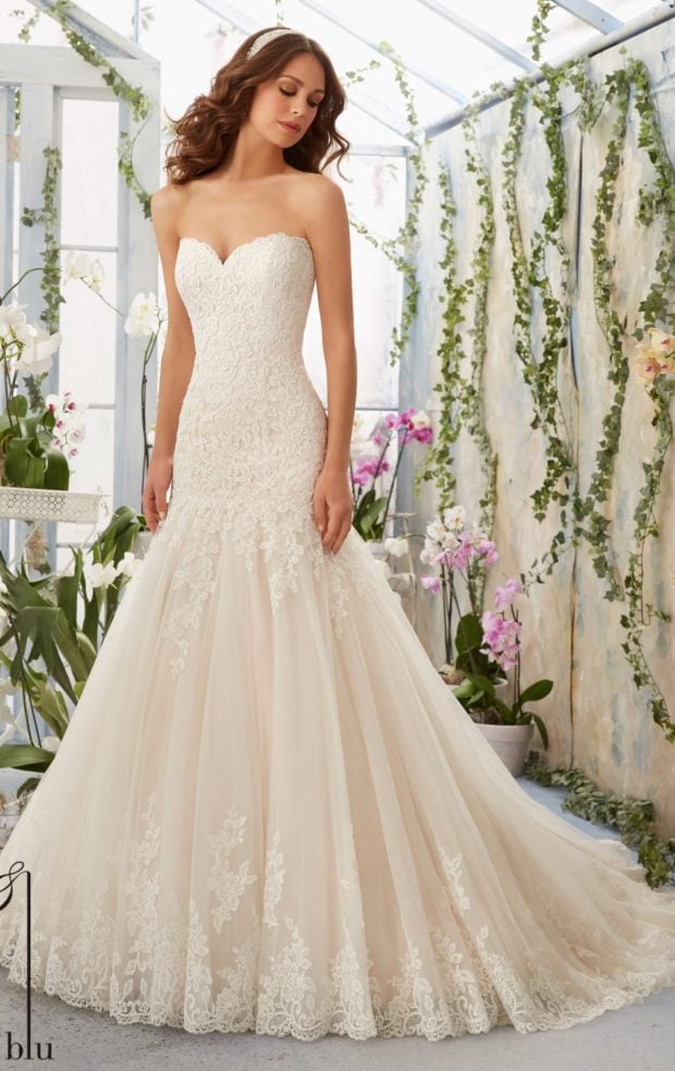 Alencon Lace Tulle Gown by Blu by Mori Lee