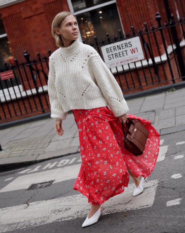 red skirt winter outfit