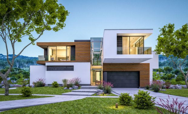3d rendering of modern cozy house by the river with garage for sale or rent with beautiful mountains on background. Clear summer evening with blue sky. Cozy warm light from window. 3d rendering of modern cozy house by the river with garage for sale or rent with beautiful mountains on background. Clear summer evening with blue sky. Cozy warm light from window.
