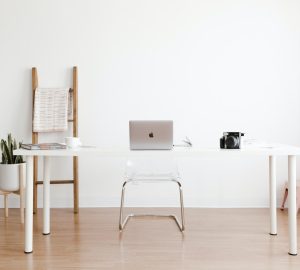 a bright home office with minimal decor