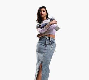 Denim midi skirts to have in your wardrobe this season - trends, style motivation, style, split denim midi skirt, fashion style, fashion, Denim Trends, Denim Skirt