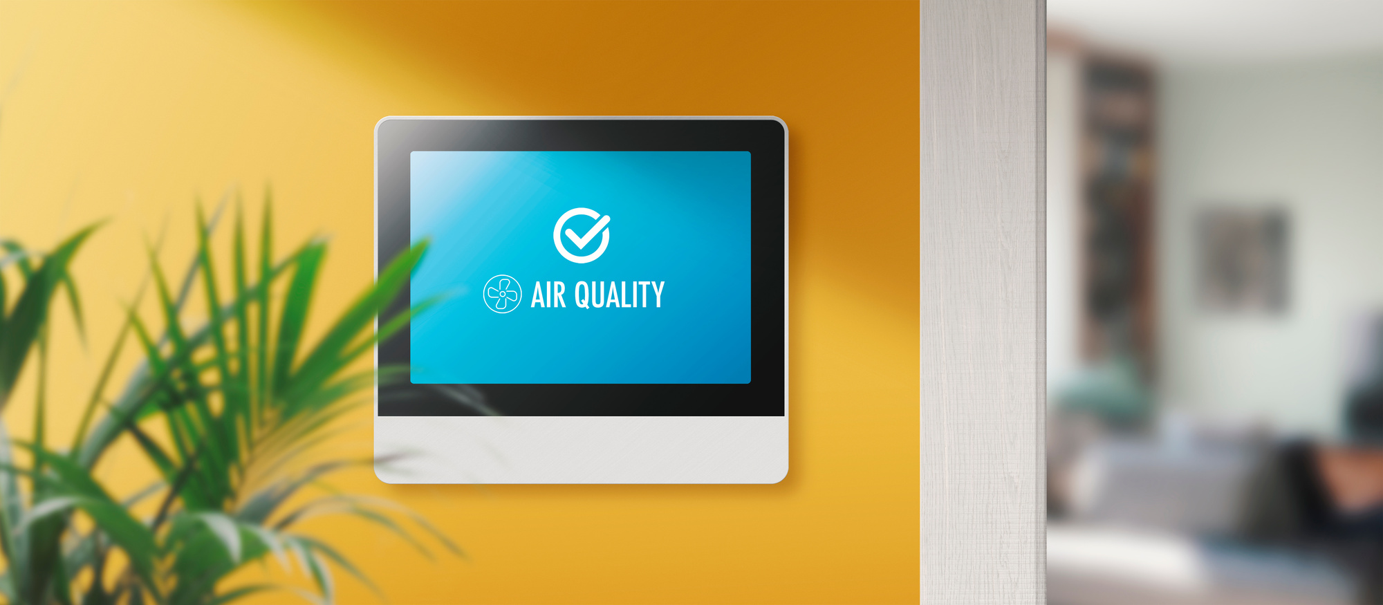 Air quality monitor tracking air pollution indoors, smart home concept