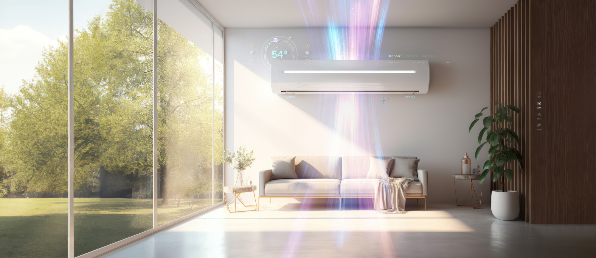 generic air conditioner purifier or AC controller split unit mockup with modern bright Livingroom background – Generative AI generic air conditioner purifier or AC controller split unit mockup with modern bright Livingroom background – Generative AI