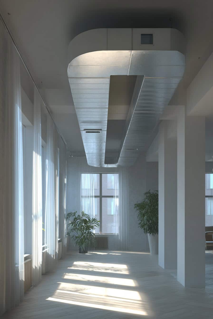 Corridor with Exposed Air Ductwork Bright corridor interior with exposed air ducts and natural daylight