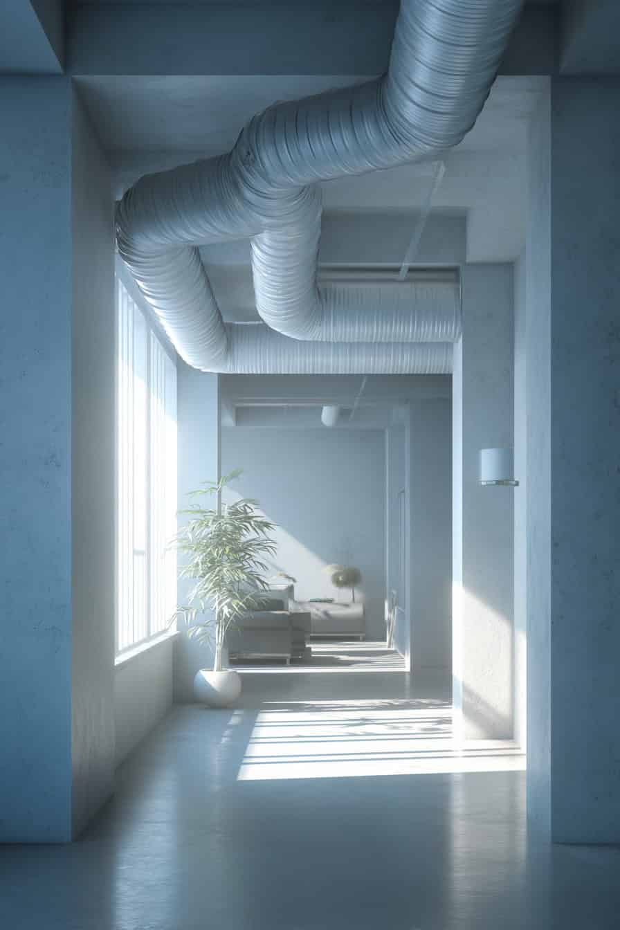 Modern hallway interior showcasing flexible HVAC ducting design
