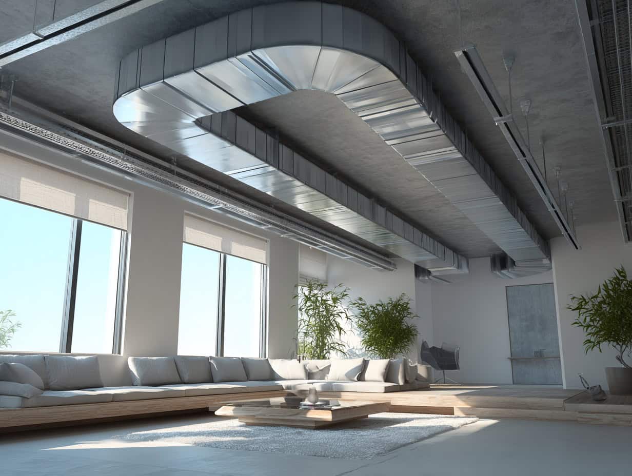 Modern Living Room with Exposed HVAC Ducts Modern living room with exposed HVAC air ducts and clean ventilation lines