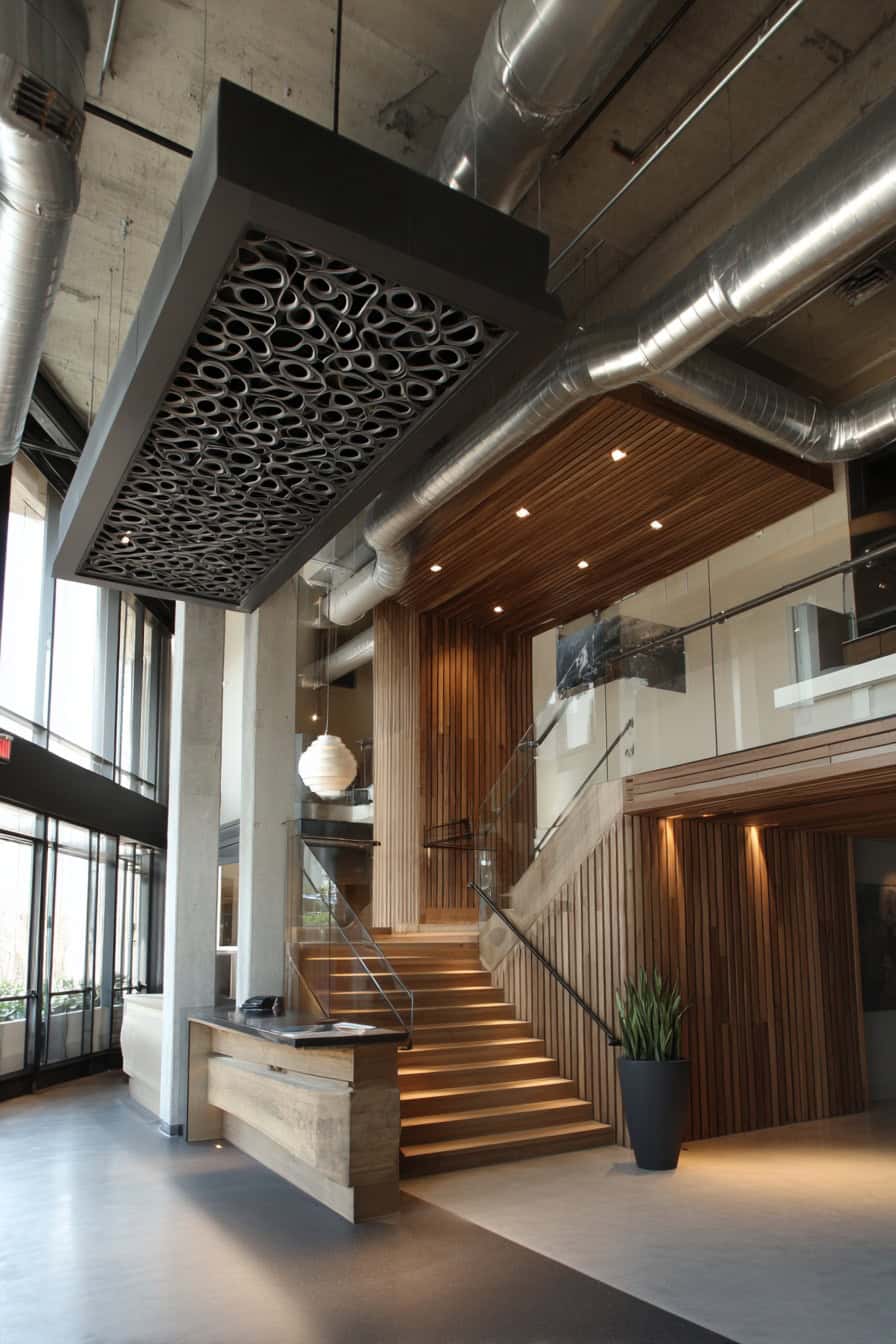 Industrial Lobby with Exposed HVAC Ducts Industrial lobby interior with exposed HVAC ducts and wood accents