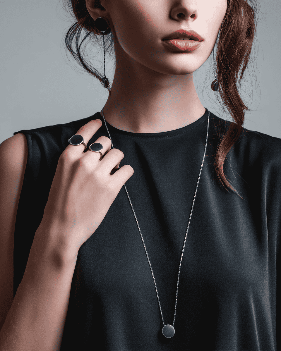 Minimalist black and silver jewelry styled in a modern elegant look