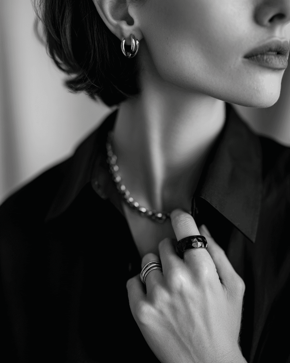 Minimalist Silver Hoop Earrings & Chain Necklace Minimalist silver hoop earrings and chain necklace close-up